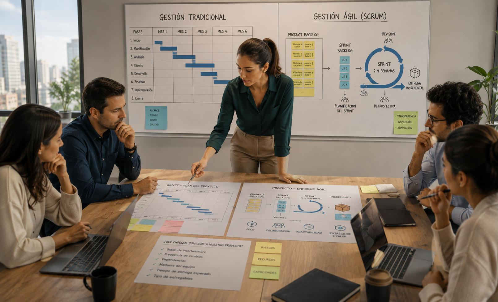Equipo evaluando enfoques tradicionales y ágiles para gestionar un proyecto
