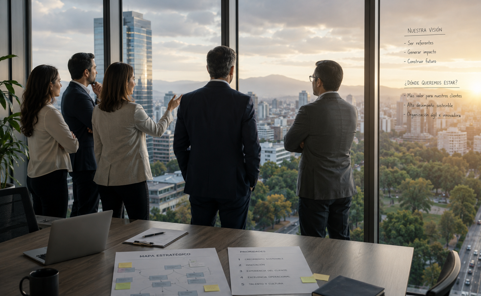Equipo directivo observando el futuro y definiendo prioridades estratégicas