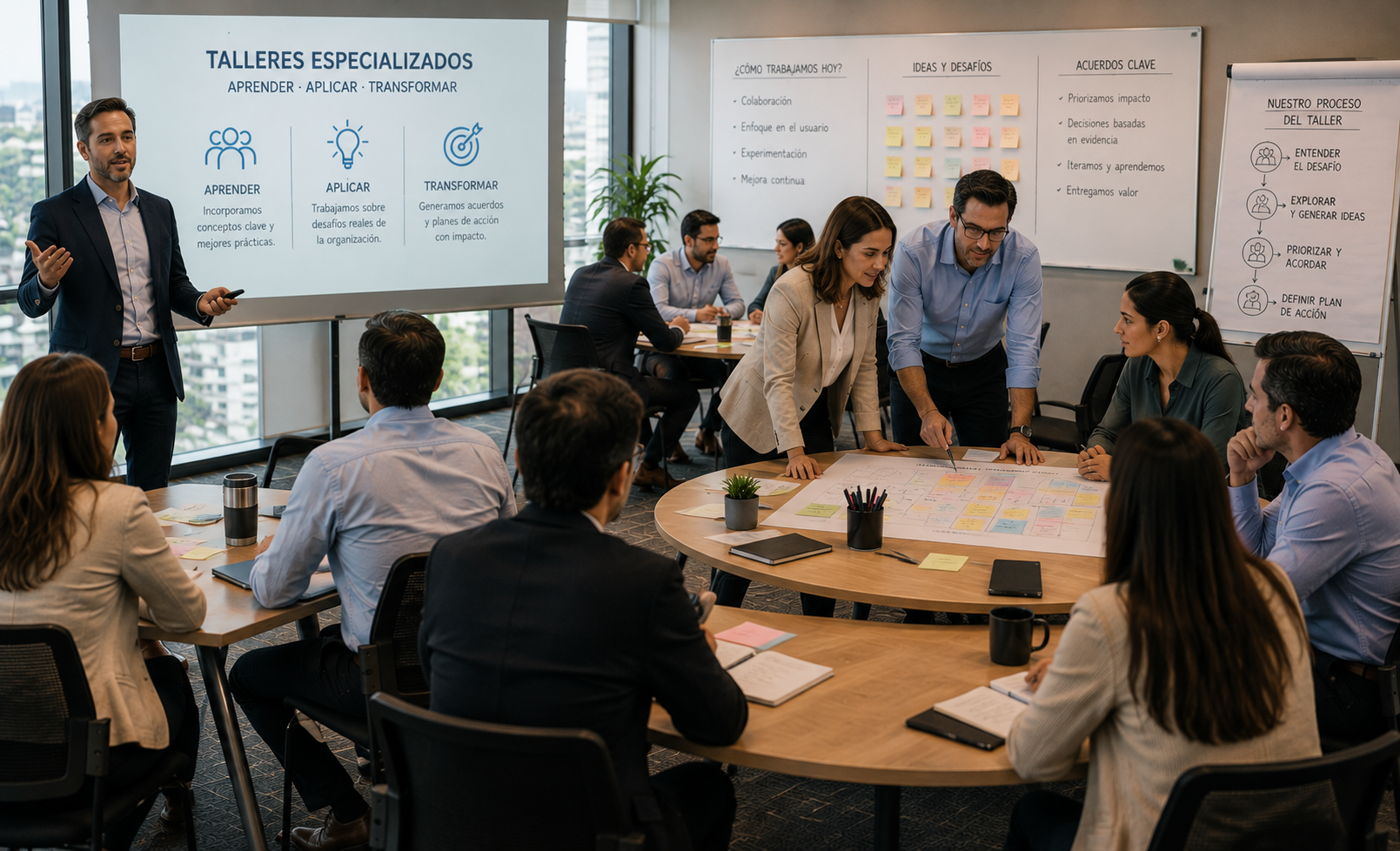 Consultores facilitando un workshop personalizado con varios equipos de trabajo